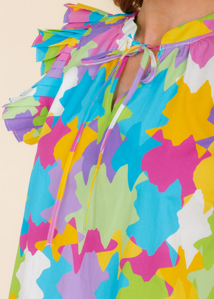 WOMEN'S RUFFLE SLEEVE V-NECK MULTI PRINT BLOUSE
