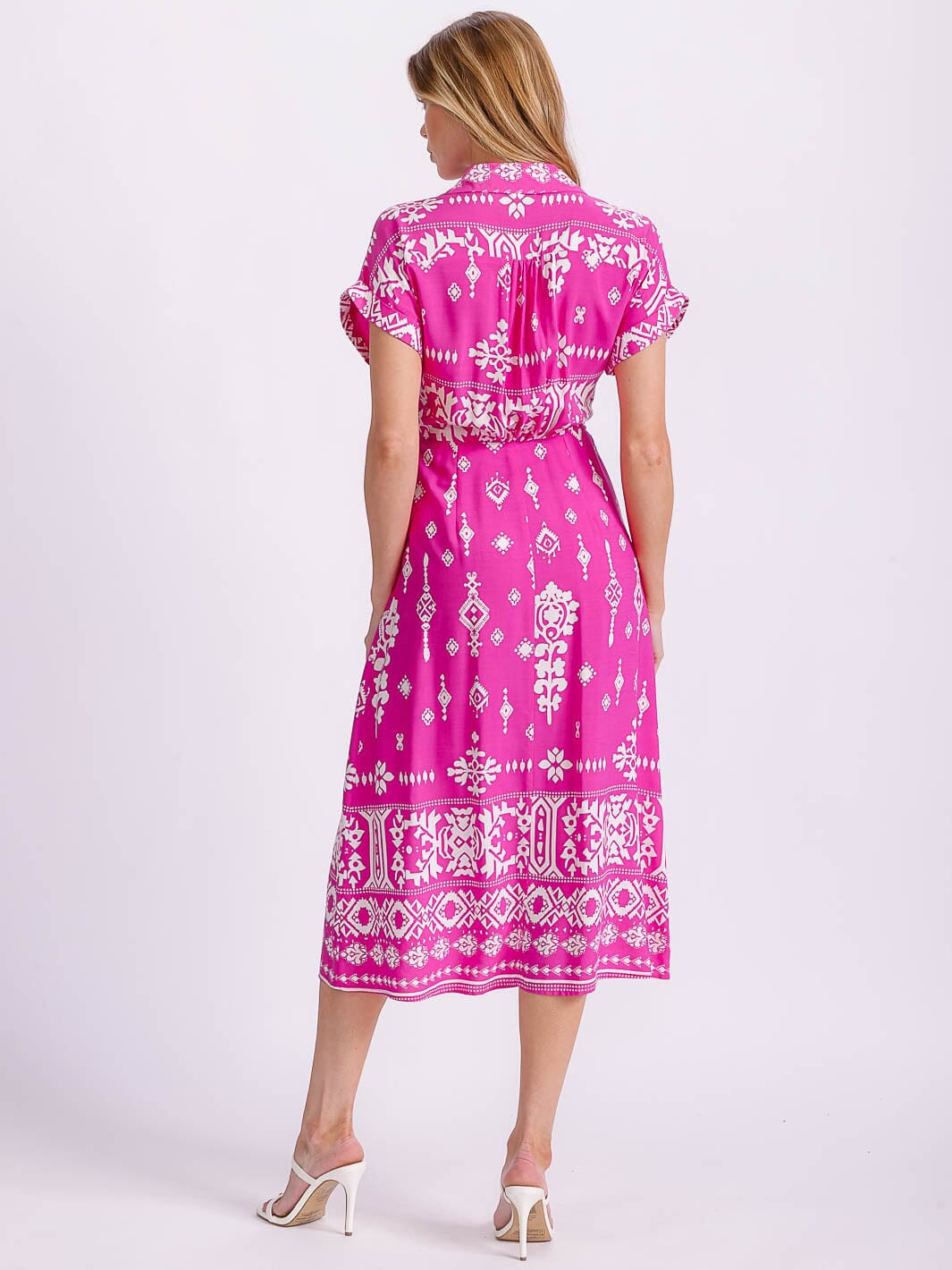 WOMEN'S SHORT SLEEVE BUTTON UP FRONT POCKETS MULTI PRINT MIDI DRESS