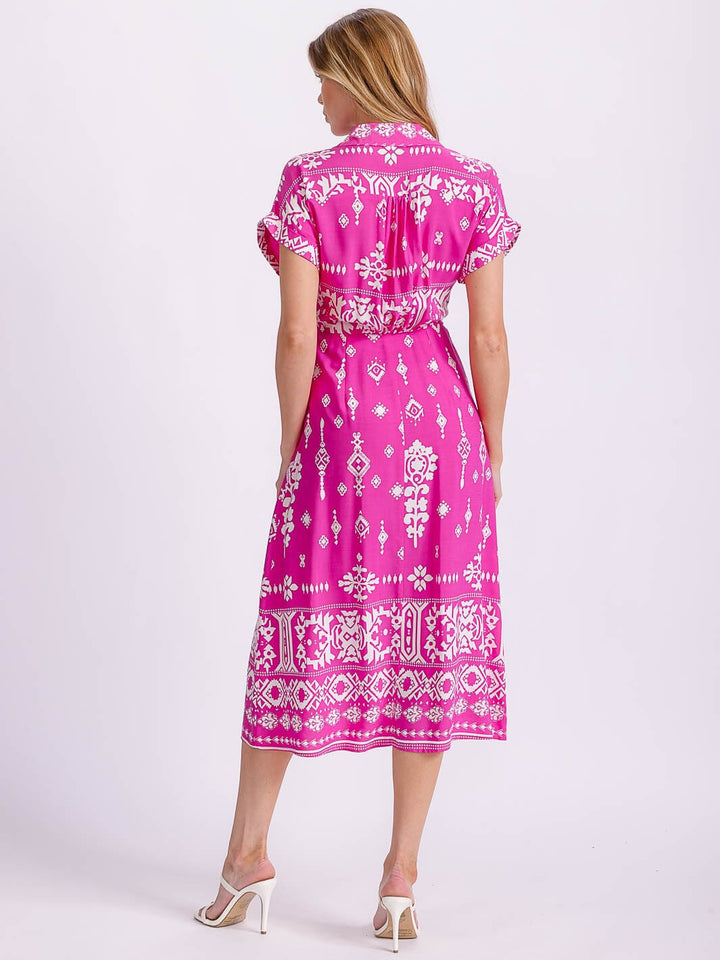 WOMEN'S SHORT SLEEVE BUTTON UP FRONT POCKETS MULTI PRINT MIDI DRESS