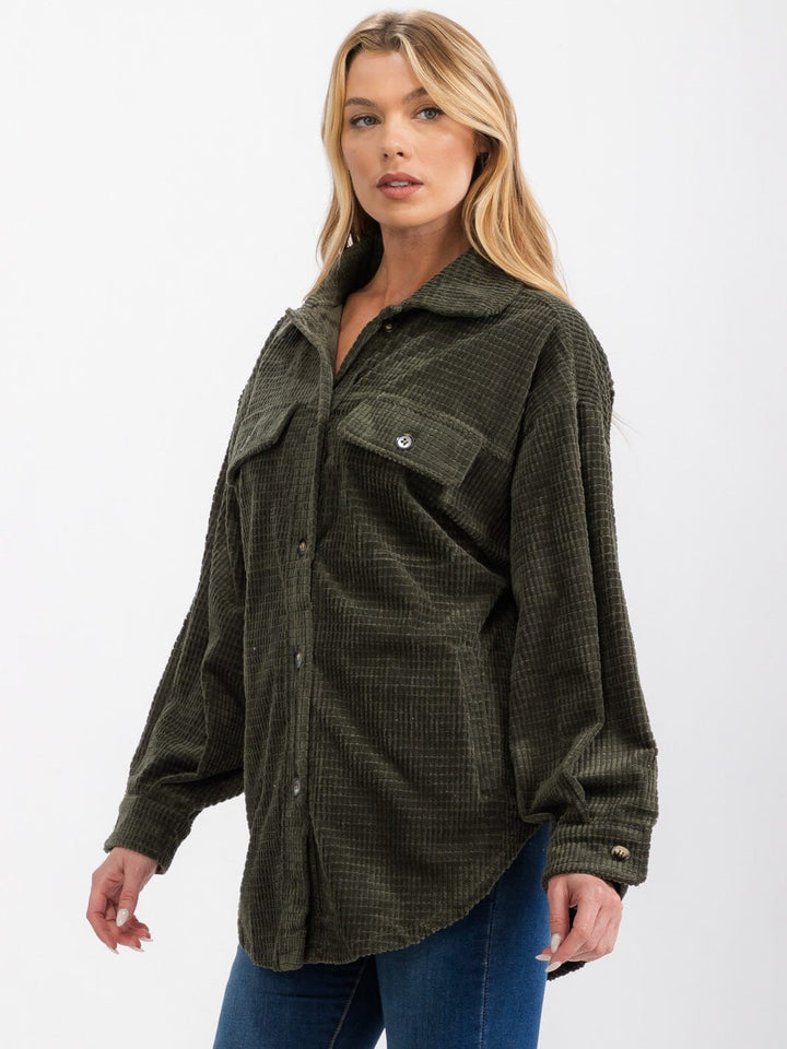 WOMEN'S LONG SLEEVE FRONT POCKETS BUTTON UP OVERSIZED WAFFLE SHACKET