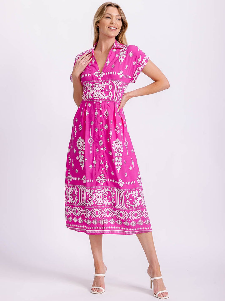 WOMEN'S SHORT SLEEVE BUTTON UP FRONT POCKETS MULTI PRINT MIDI DRESS