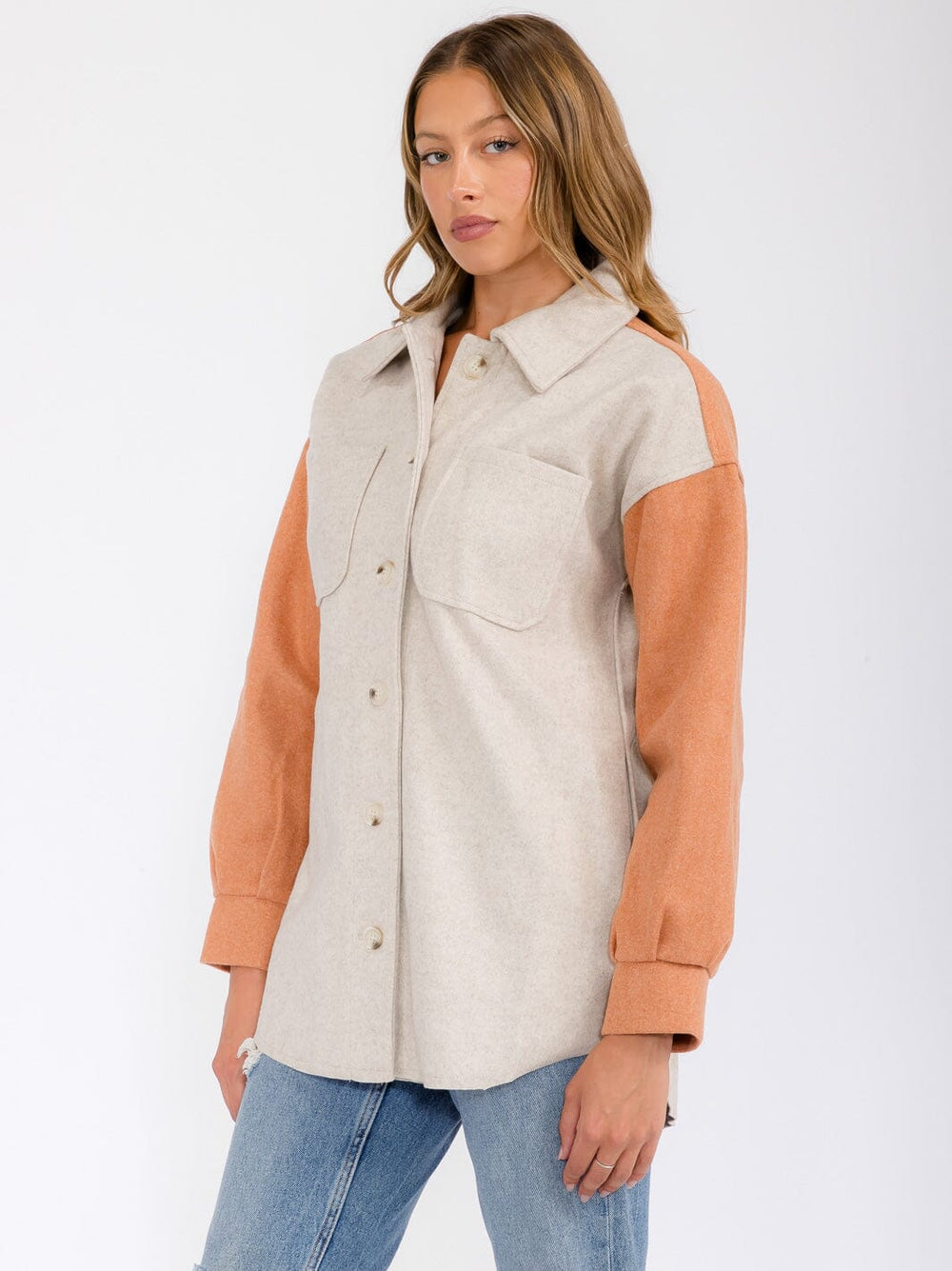 WOMEN'S LONG SLEEVE POCKETS BUTTON UP COLORBLOCK JACKET