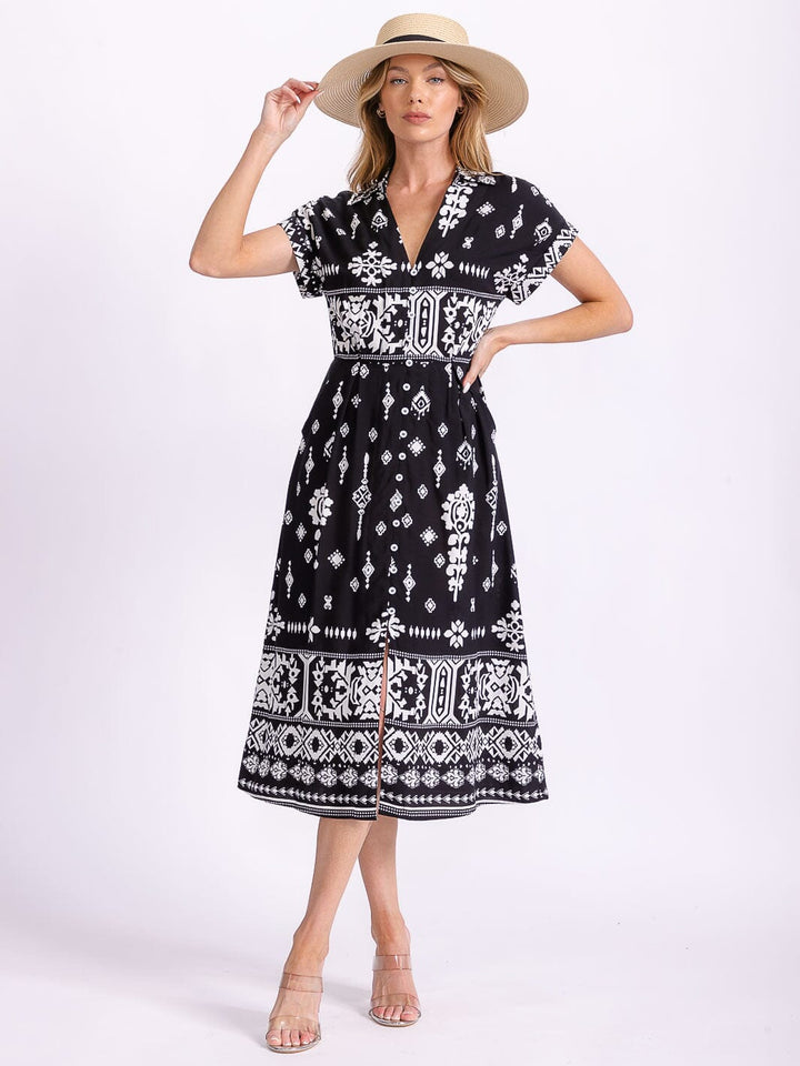 WOMEN'S SHORT SLEEVE BUTTON UP FRONT POCKETS MULTI PRINT MIDI DRESS