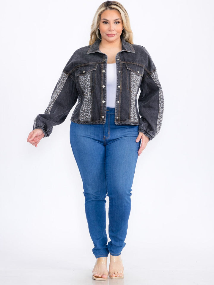 PLUS SIZE LONG SLEEVE BUTTON CLOSURE ANIMAL PRINT DENIM JACKET