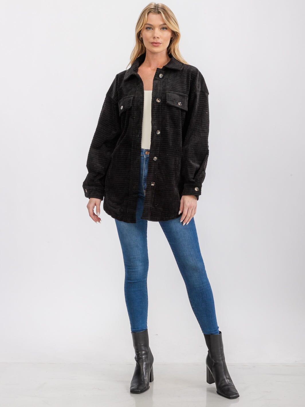 WOMEN'S LONG SLEEVE FRONT POCKETS BUTTON UP OVERSIZED WAFFLE SHACKET