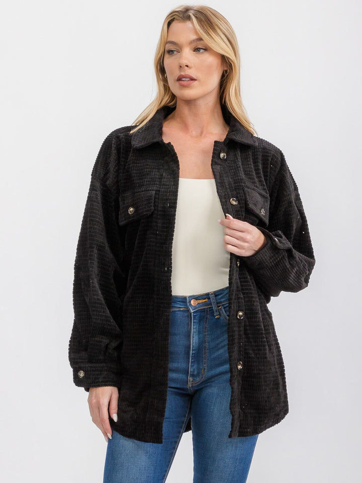 WOMEN'S LONG SLEEVE FRONT POCKETS BUTTON UP OVERSIZED WAFFLE SHACKET
