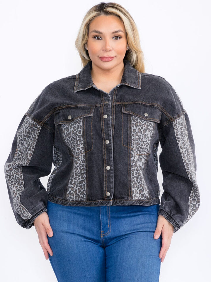 PLUS SIZE LONG SLEEVE BUTTON CLOSURE ANIMAL PRINT DENIM JACKET