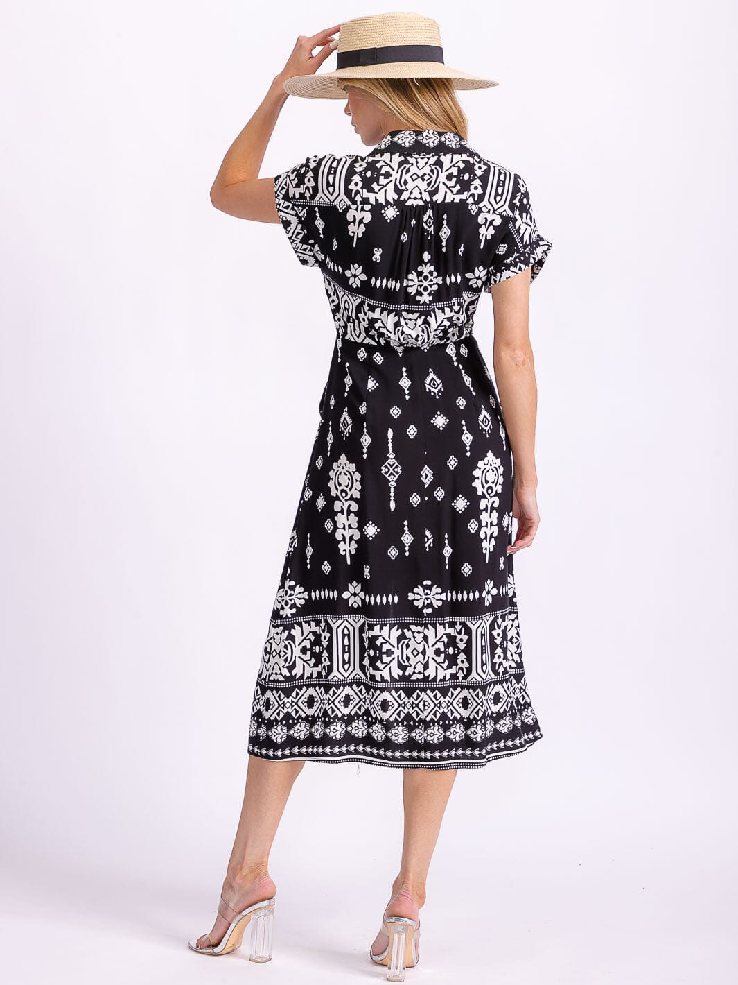WOMEN'S SHORT SLEEVE BUTTON UP FRONT POCKETS MULTI PRINT MIDI DRESS