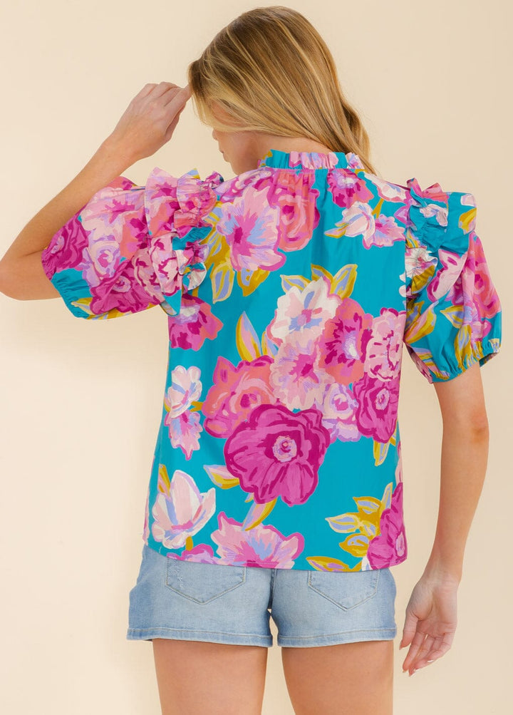 WOMEN'S SHORT PUFF SLEEVE V-NECK FLORAL BLOUSE