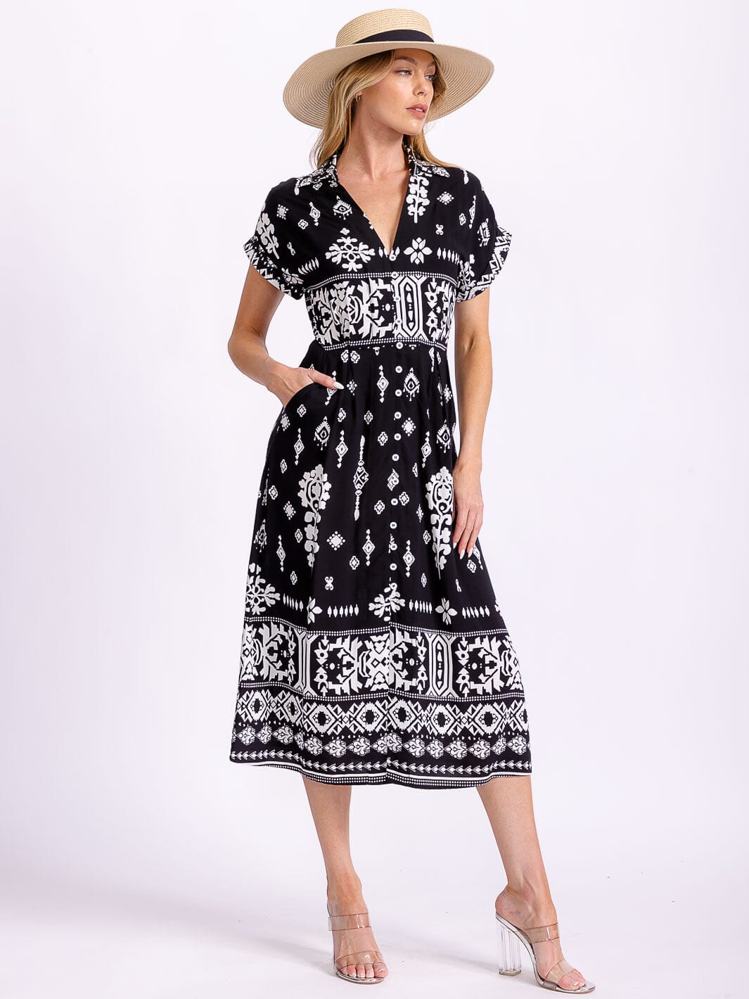 WOMEN'S SHORT SLEEVE BUTTON UP FRONT POCKETS MULTI PRINT MIDI DRESS