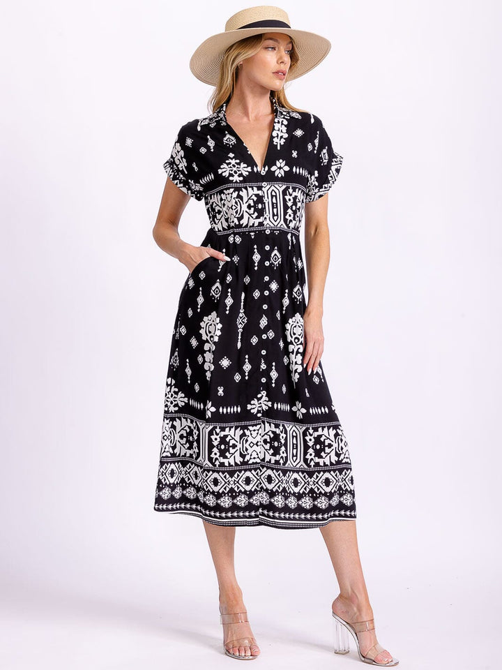WOMEN'S SHORT SLEEVE BUTTON UP FRONT POCKETS MULTI PRINT MIDI DRESS