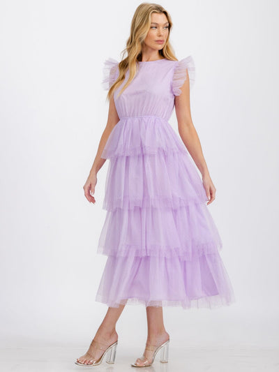 WOMEN'S SHORT SLEEVE RUFFLE TIERED MAXI DRESS