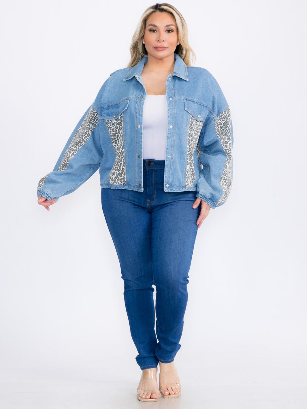 PLUS SIZE LONG SLEEVE BUTTON CLOSURE ANIMAL PRINT DENIM JACKET