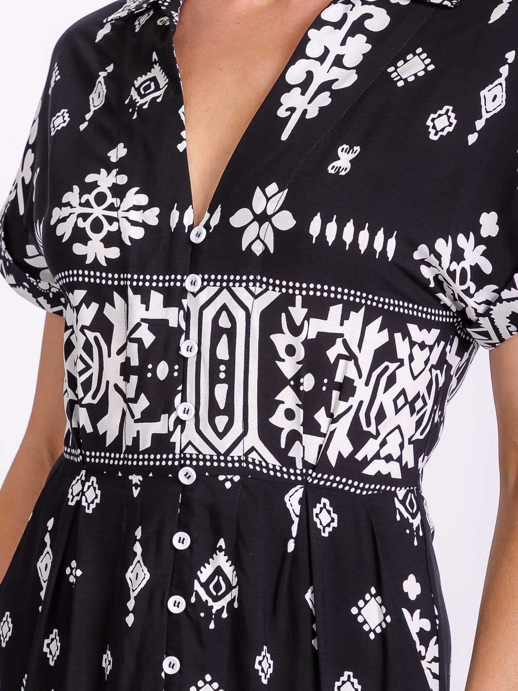 WOMEN'S SHORT SLEEVE BUTTON UP FRONT POCKETS MULTI PRINT MIDI DRESS