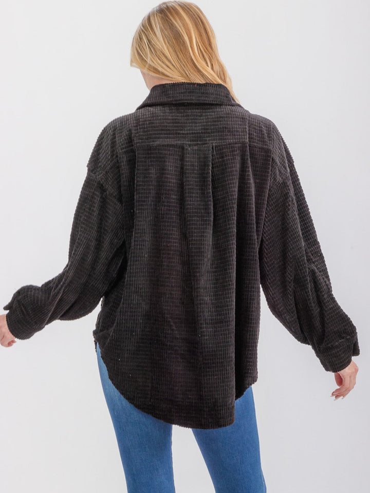 WOMEN'S LONG SLEEVE FRONT POCKETS BUTTON UP OVERSIZED WAFFLE SHACKET