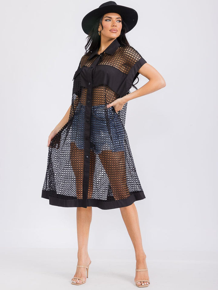 WOMEN'S SHORT SLEEVE BUTTON UP COVER UP MIDI DRESS