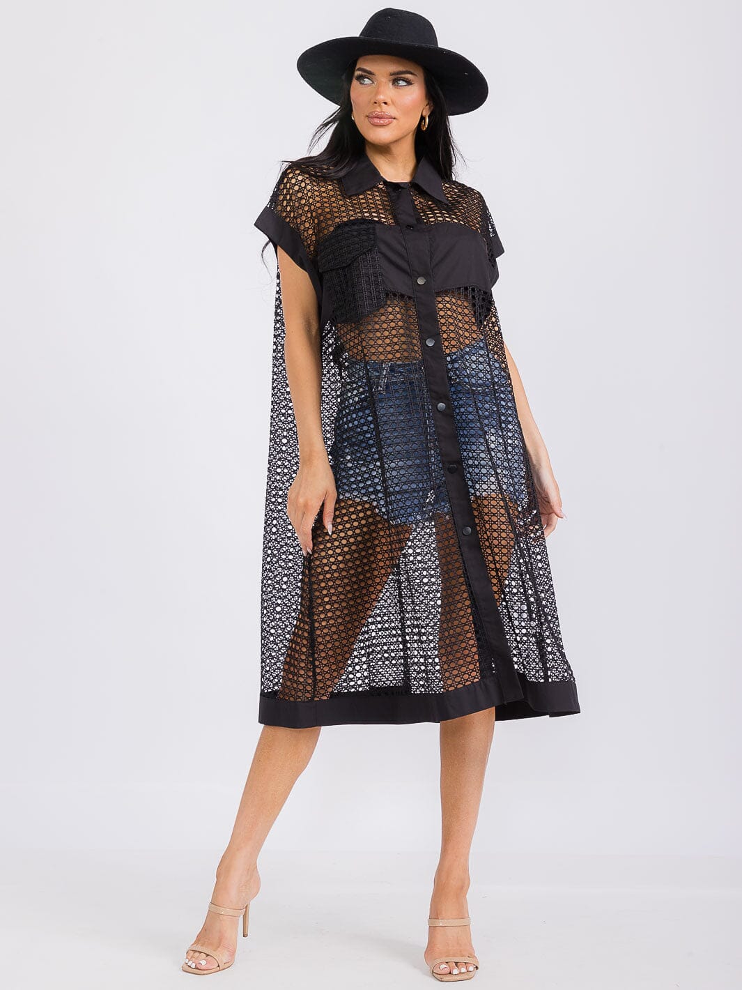 WOMEN'S SHORT SLEEVE BUTTON UP COVER UP MIDI DRESS