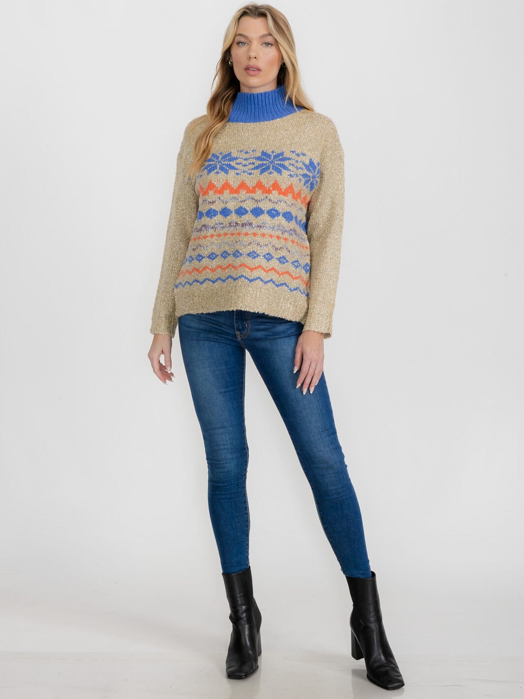 WOMEN'S LONG SLEEVE TURTLE NECK COLORBLOCK PULLOVER SWEATER