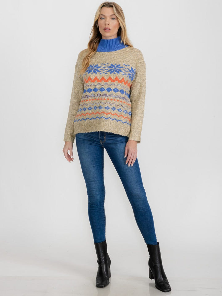 WOMEN'S LONG SLEEVE TURTLE NECK COLORBLOCK PULLOVER SWEATER