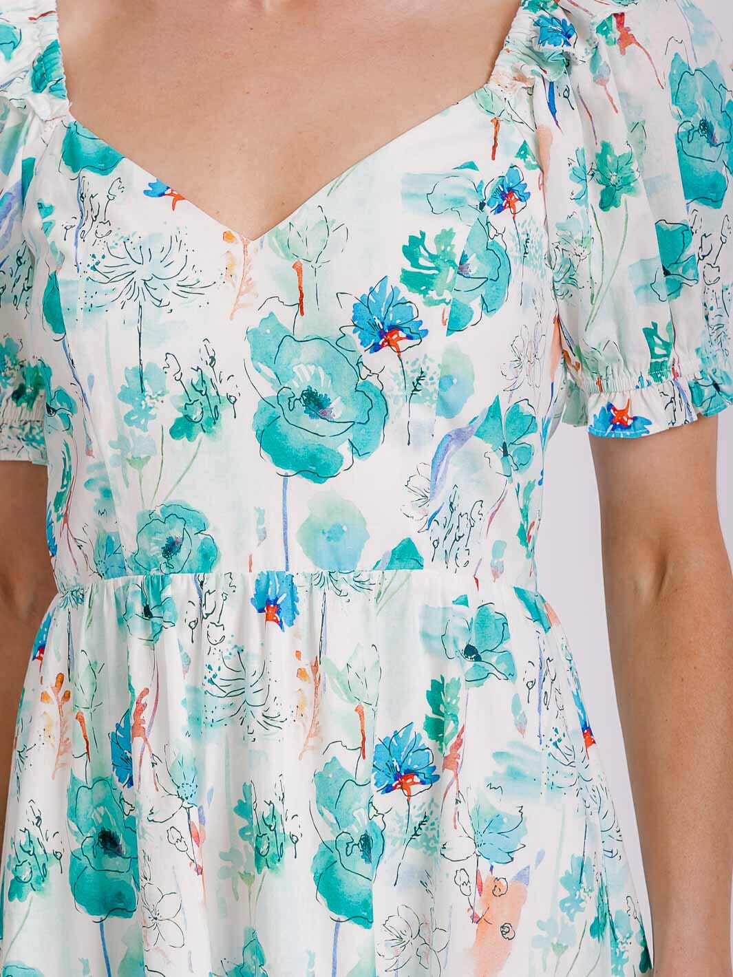WOMEN'S SHORT PUFF SLEEVE FIT & FLARE FLORAL MINI DRESS