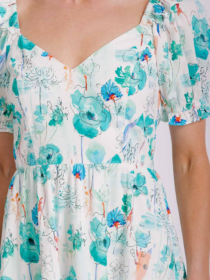 WOMEN'S SHORT PUFF SLEEVE FIT & FLARE FLORAL MINI DRESS