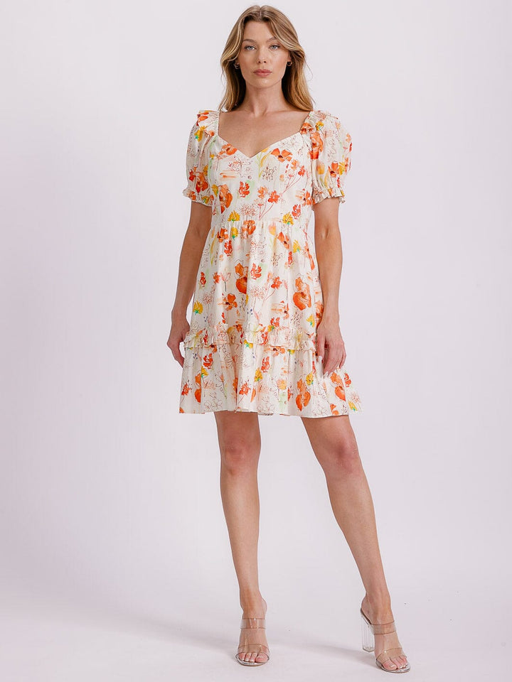 WOMEN'S SHORT PUFF SLEEVE FIT & FLARE FLORAL MINI DRESS
