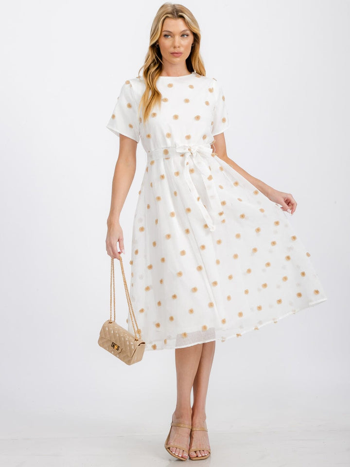 WOMEN'S SHORT SLEEVE SELF TIE SWISS DOTS MIDI DRESS