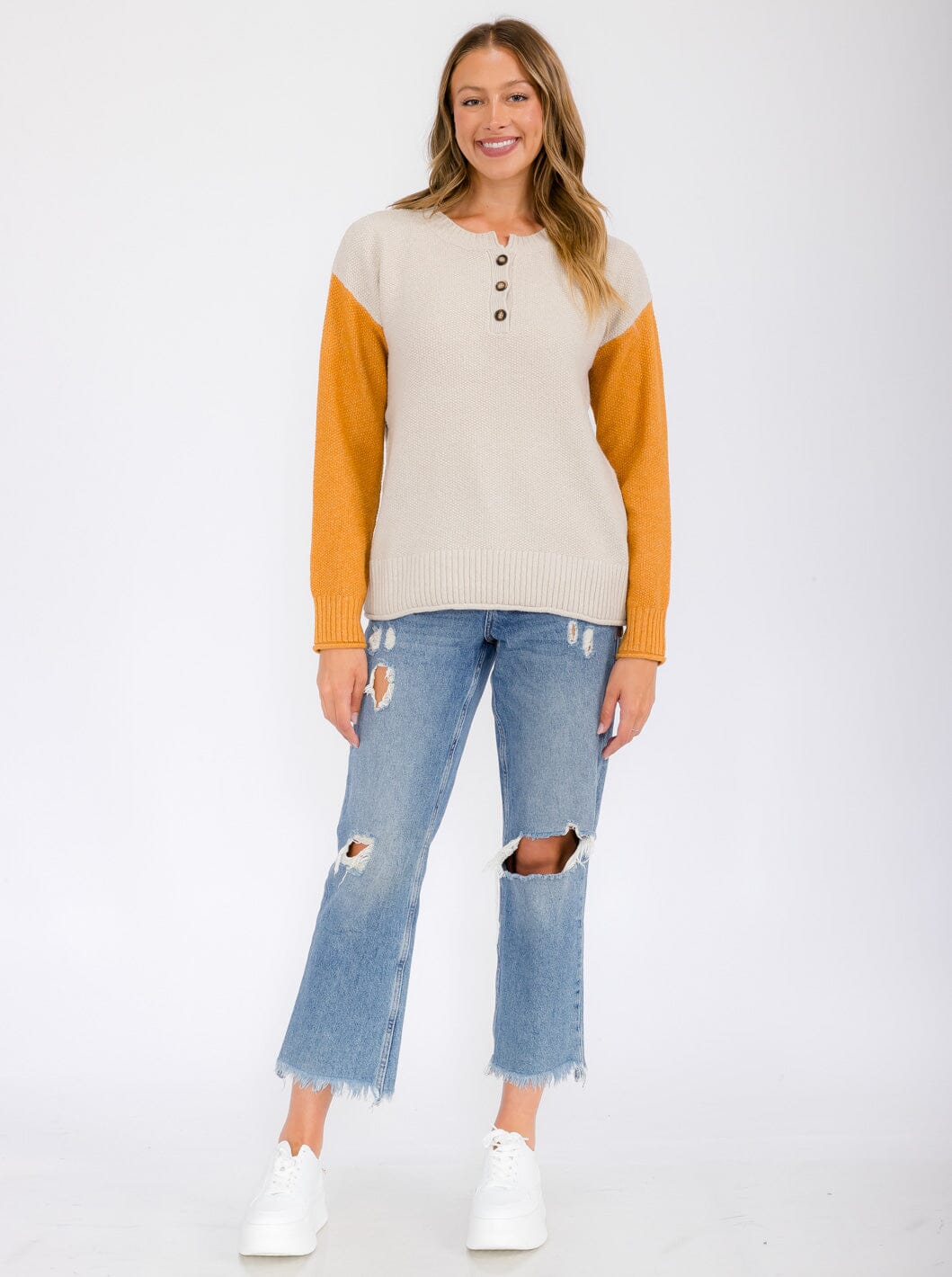 WOMEN'S LONG SLEEVE BUTTON UP COLORBLOCK BLOUSE TOP