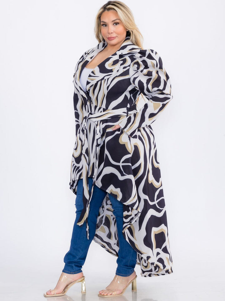 PLUS SIZE LONG SLEEVE BUTTON CLOSURE SELF TIE PRINTED HIGH LOW COAT