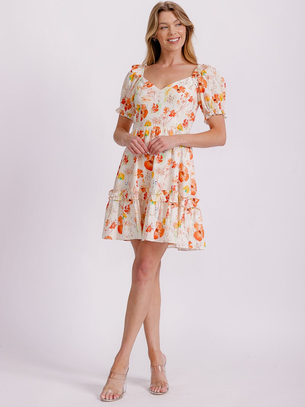 WOMEN'S SHORT PUFF SLEEVE FIT & FLARE FLORAL MINI DRESS