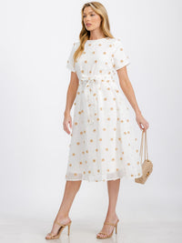 WOMEN'S SHORT SLEEVE SELF TIE SWISS DOTS MIDI DRESS