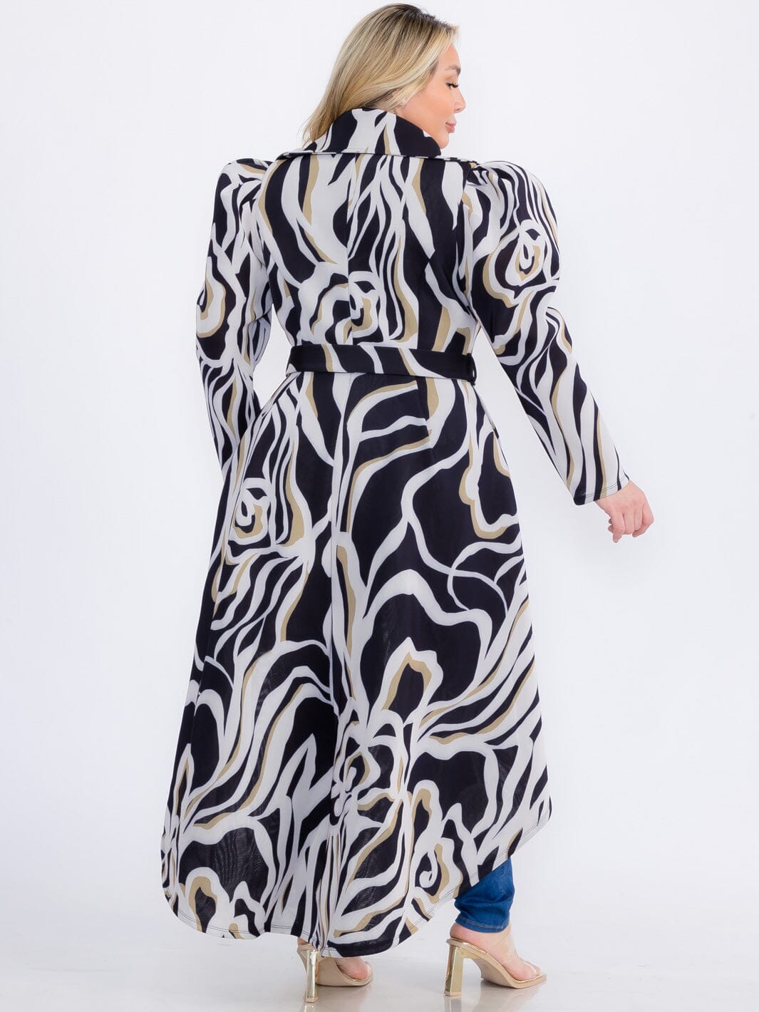 PLUS SIZE LONG SLEEVE BUTTON CLOSURE SELF TIE PRINTED HIGH LOW COAT