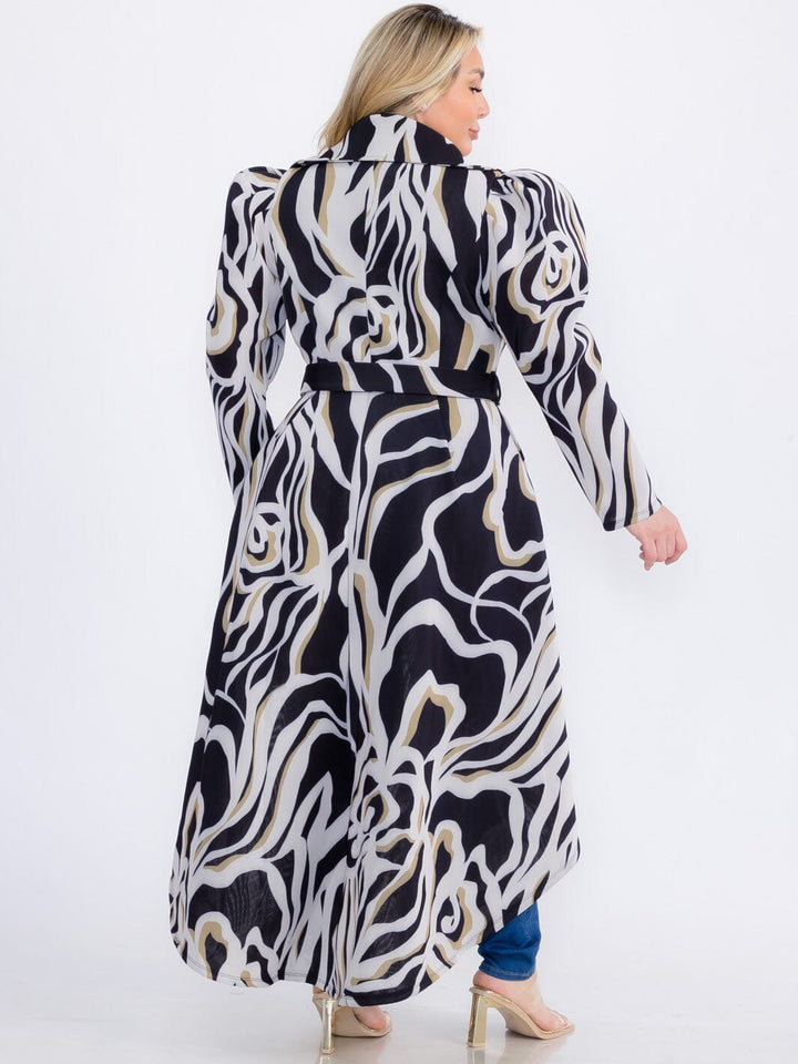 PLUS SIZE LONG SLEEVE BUTTON CLOSURE SELF TIE PRINTED HIGH LOW COAT
