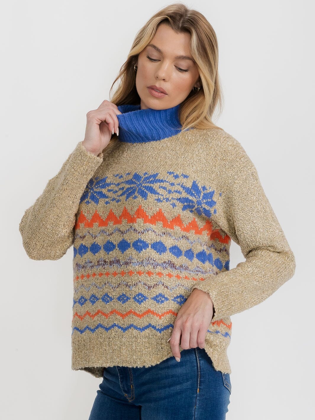 WOMEN'S LONG SLEEVE TURTLE NECK COLORBLOCK PULLOVER SWEATER