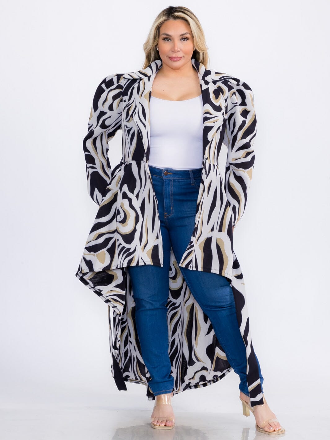 PLUS SIZE LONG SLEEVE BUTTON CLOSURE SELF TIE PRINTED HIGH LOW COAT