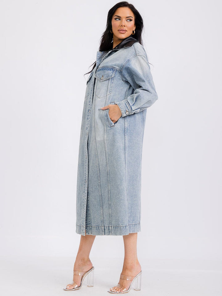 WOMEN'S LONG SLEEVE BUTTON UP FRONT POCKETS DENIM MAXI DRESS