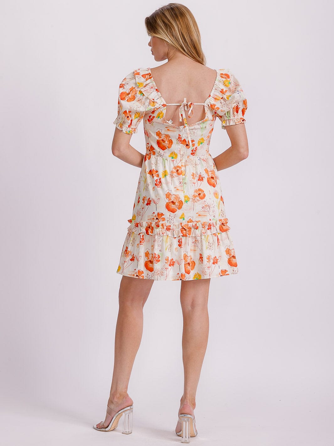 WOMEN'S SHORT PUFF SLEEVE FIT & FLARE FLORAL MINI DRESS