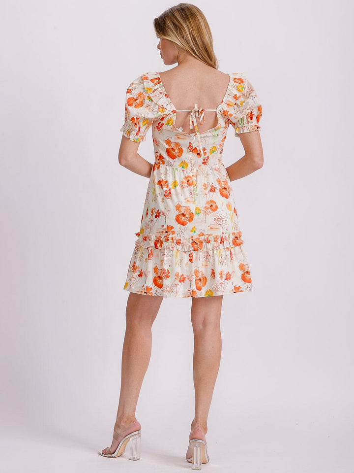 WOMEN'S SHORT PUFF SLEEVE FIT & FLARE FLORAL MINI DRESS
