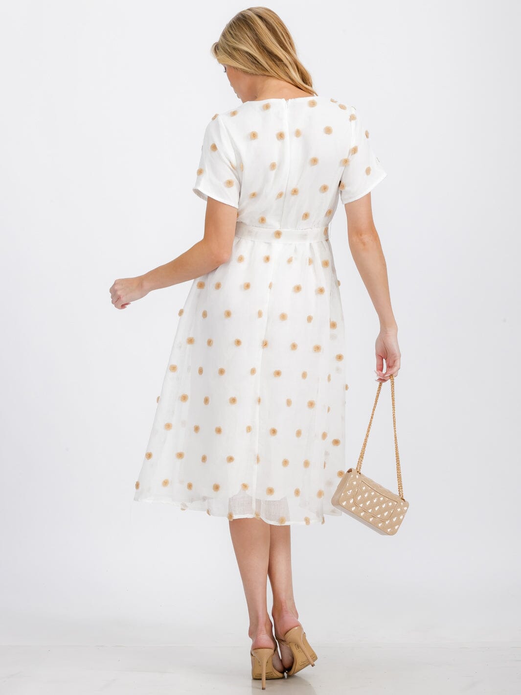 WOMEN'S SHORT SLEEVE SELF TIE SWISS DOTS MIDI DRESS