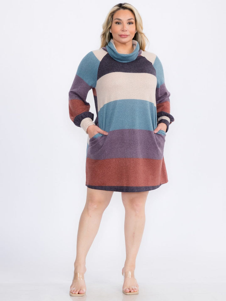 PLUS SIZE LONG SLEEVE TURTLE NECK FRONT POCKETS COLORBLOCK SWEATER MINI DRESS