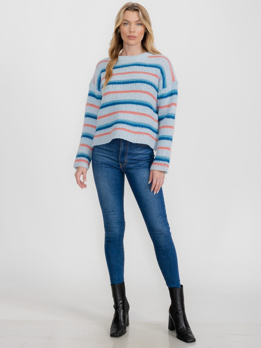 WOMEN'S LONG SLEEVE STRIPES COLORBLOCK PULLOVER SWEATER