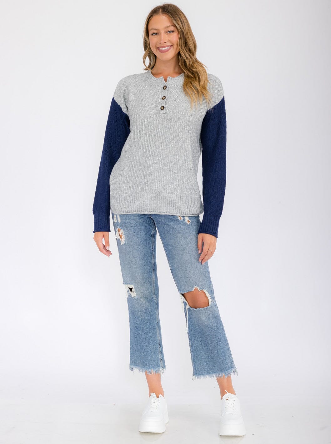 WOMEN'S LONG SLEEVE BUTTON UP COLORBLOCK BLOUSE TOP