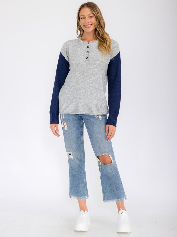 WOMEN'S LONG SLEEVE BUTTON UP COLORBLOCK BLOUSE TOP