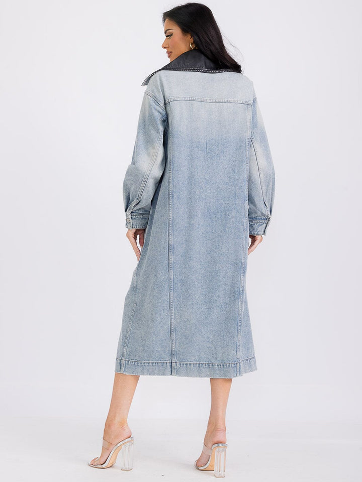 WOMEN'S LONG SLEEVE BUTTON UP FRONT POCKETS DENIM MAXI DRESS