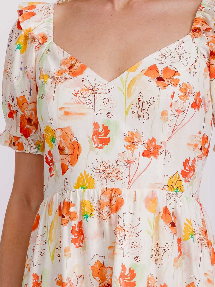 WOMEN'S SHORT PUFF SLEEVE FIT & FLARE FLORAL MINI DRESS