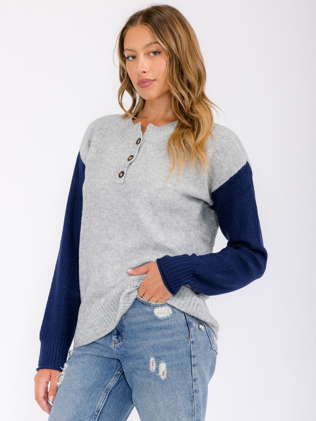 WOMEN'S LONG SLEEVE BUTTON UP COLORBLOCK BLOUSE TOP
