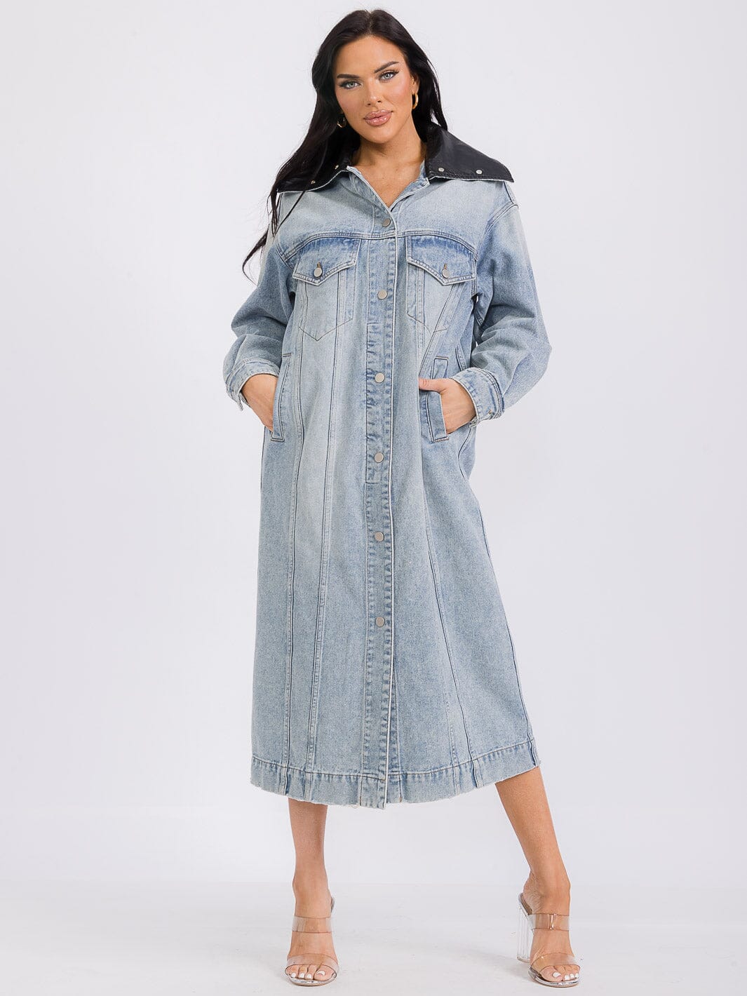 WOMEN'S LONG SLEEVE BUTTON UP FRONT POCKETS DENIM MAXI DRESS