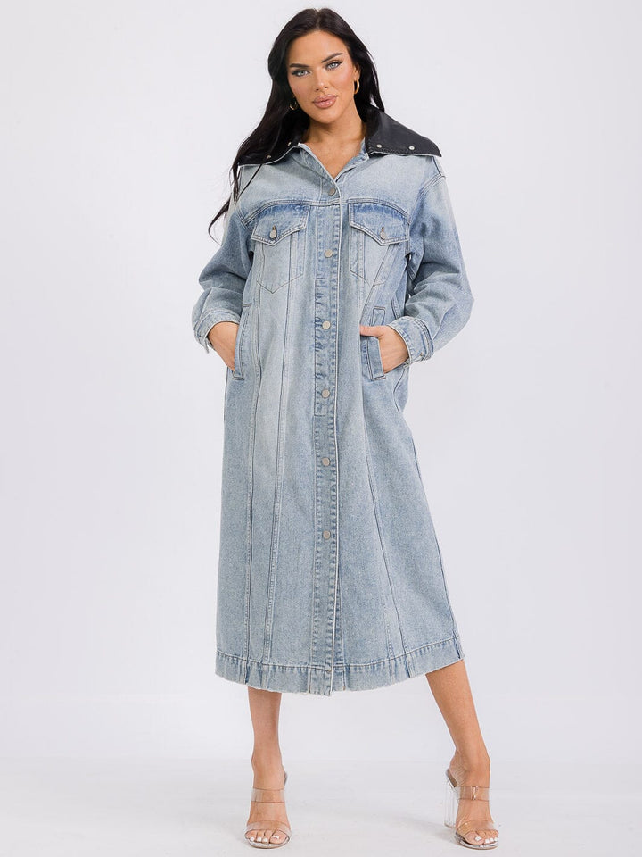 WOMEN'S LONG SLEEVE BUTTON UP FRONT POCKETS DENIM MAXI DRESS