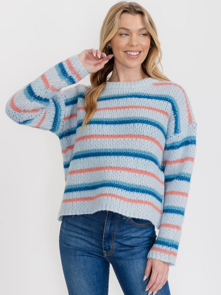 WOMEN'S LONG SLEEVE STRIPES COLORBLOCK PULLOVER SWEATER
