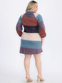 PLUS SIZE LONG SLEEVE TURTLE NECK FRONT POCKETS COLORBLOCK SWEATER MINI DRESS